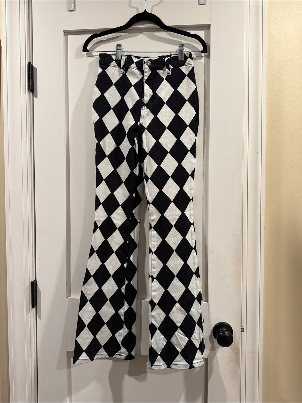 Motel Rocks Black & White Harlequin Flare Jeans